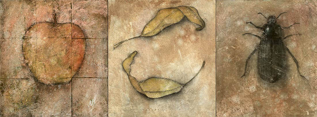 Three panel painting of  an apple, two dried leaves, and a black beetle.