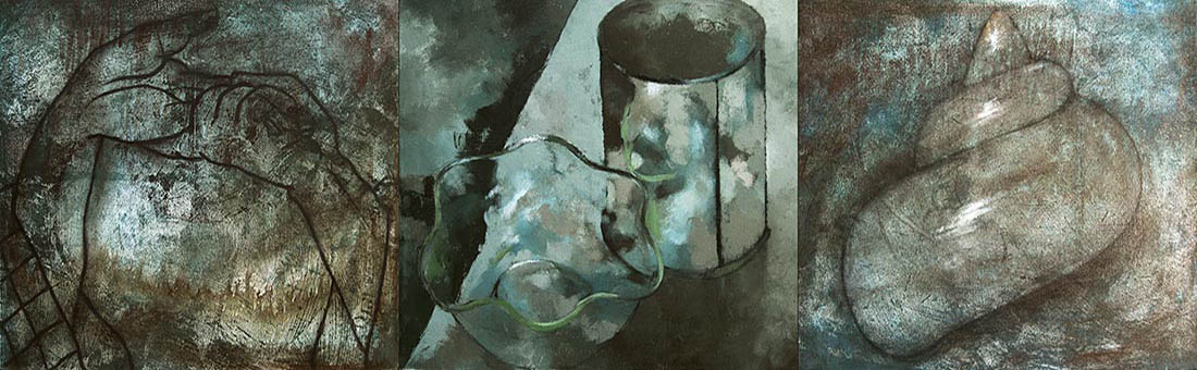 Three-panel painting of a pair of hands, a shiny can with a glass bowl,