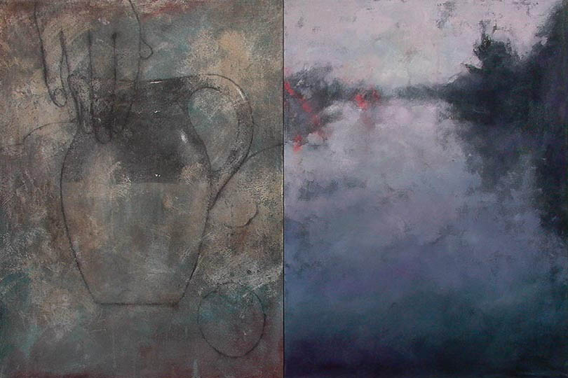 Two panel painting of a hand, a pitcher, and a rainy highway.