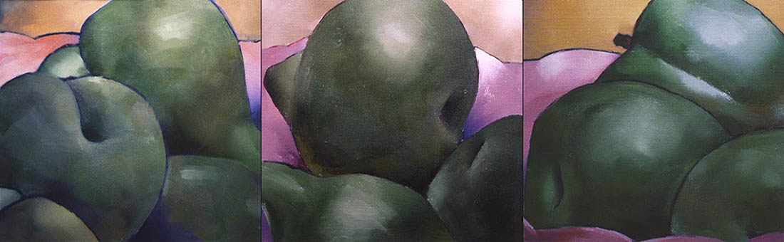 Three-panel painting of green plums.