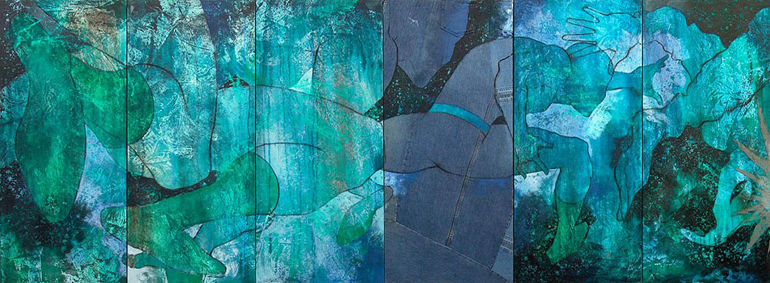Three panel painting of the comic book character Spiderman in action.