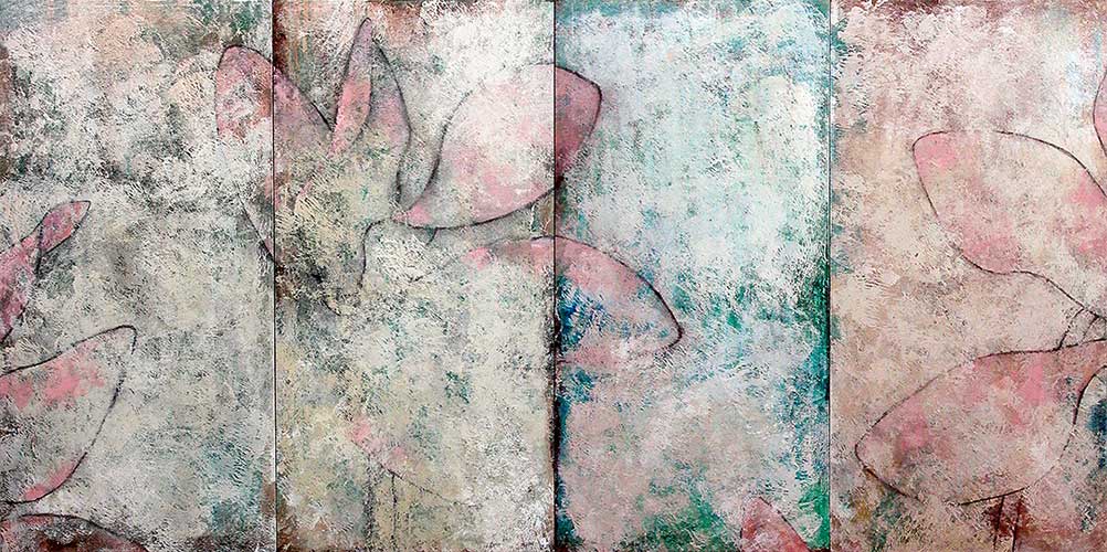 Four-panel painting of pink cyclamen flowers.