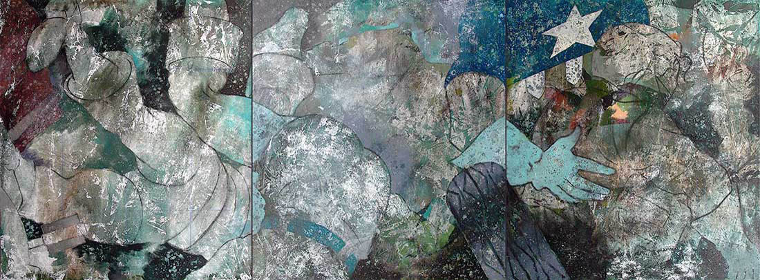 Three-panel painting of a tangle of people and motorcycle parts.