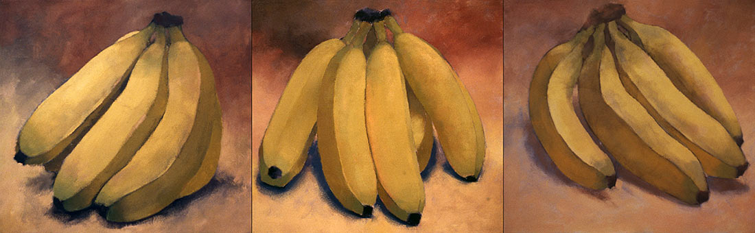 Three-panel painting of bunches of bananas.