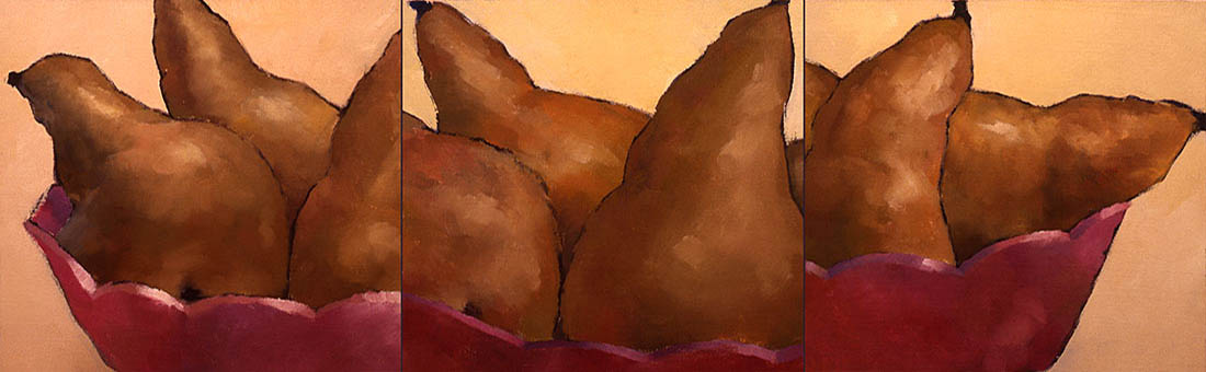 Three panel painting of bosc pears in a pink bowl.