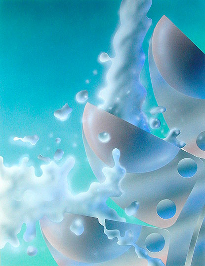 An airbrushed illustration of a Pelton hydroelectric turbine seen here in fanciful interaction with water.