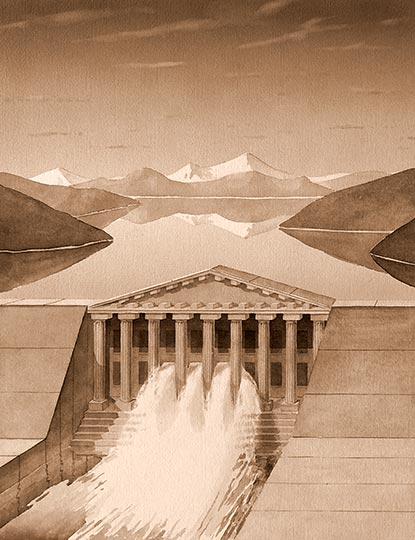 Watercolor illustration of a courthouse building doubling as a floodgate on a dam