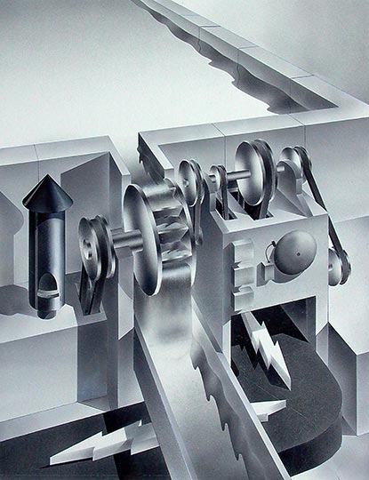 Watercolor illustration of an imaginary hydroelectric contraptions with bells, whistles, and a conveyor belt for lightning bolts.