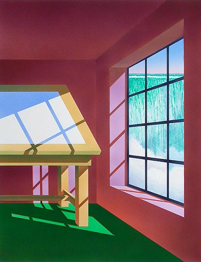 Illustration of an imaginary drafting table at a hydroelectric location.