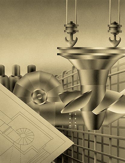 Watercolor illustration of an imaginary hydroelectric construction project