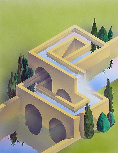 Watercolor illustration of an imaginary hydroelectric project inspired by M.C. Escher.