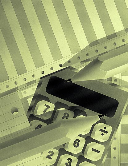 Watercolor illustration of 1990s era accounting tools.