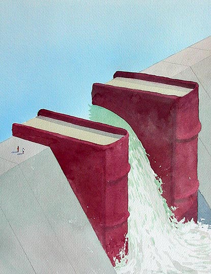 Watercolor illustration of law books acting as a hydroelectric dam spillway.