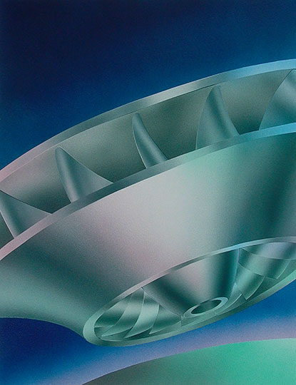 Airbrush illustration showing a hydroelectric turbine as a science fiction space ship.