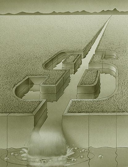 Watercolor illustration of an imaginary waterway shaped like a dollar sign.