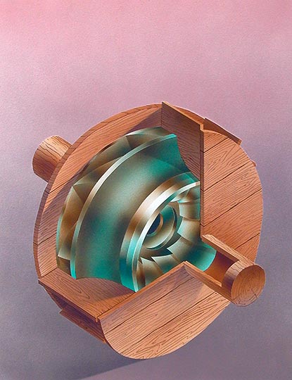 Watercolor illustration of a modern steel hydroelectric turbine emerging from a medieval wooden water wheel.