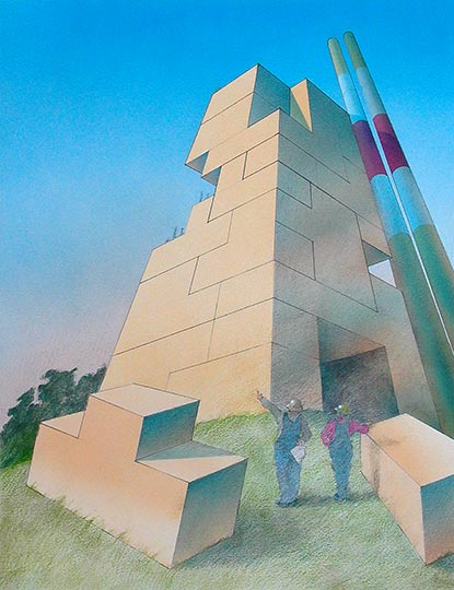 Watercolor illustration of an imaginary construction project using huge blocks.