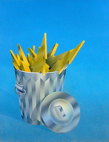 Watercolor illustration of a galvanized garbage can stuffed with lightning bolts