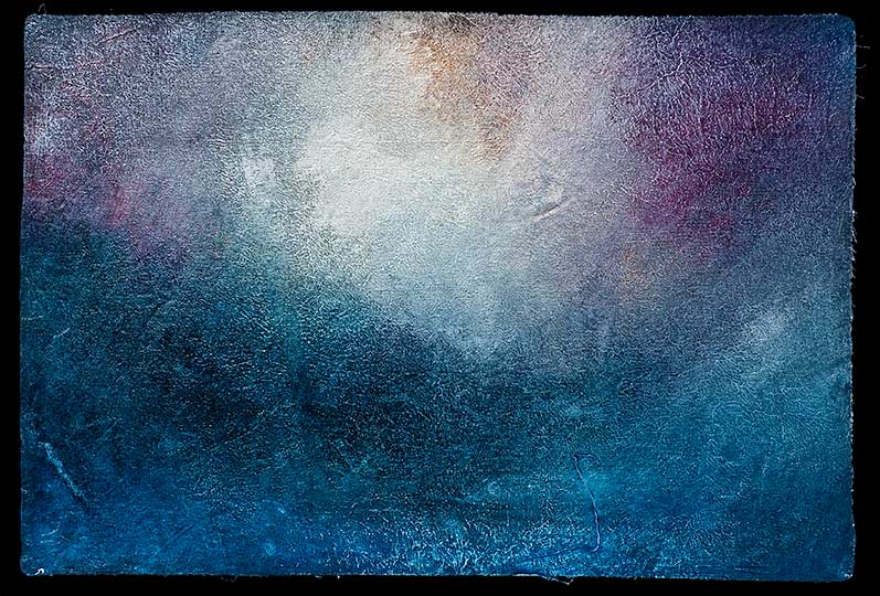 An impressionistic painting of a low sun over water and headlands.