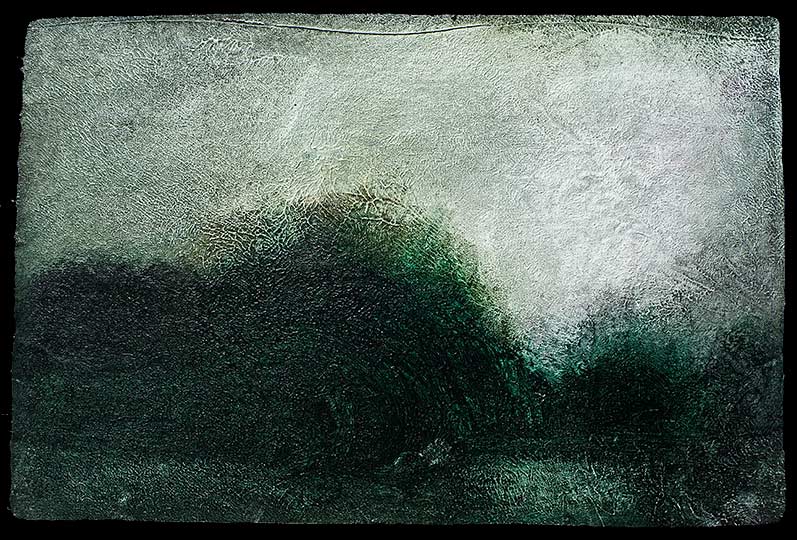 An impressionistic painting of a low sun over water and headlands.