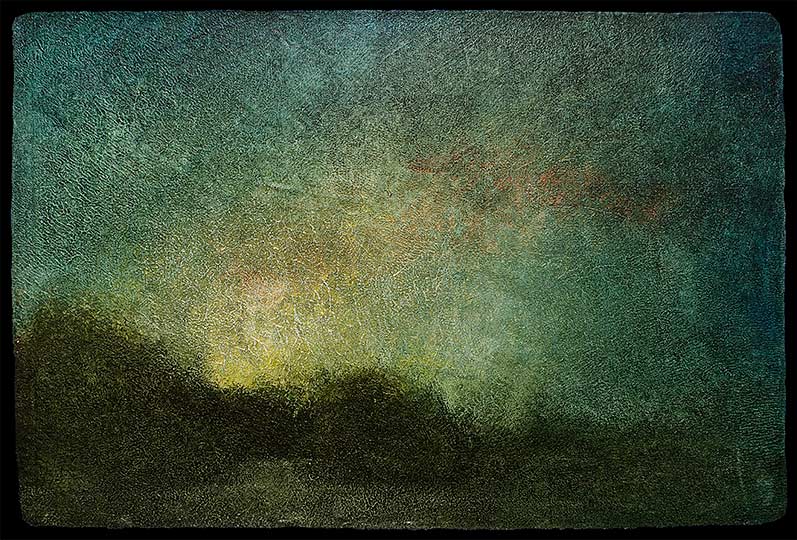 An impressionistic painting of a low sun over water and headlands.