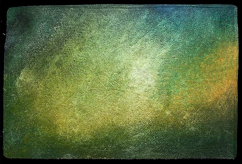 An impressionistic painting of a low sun over water and headlands.