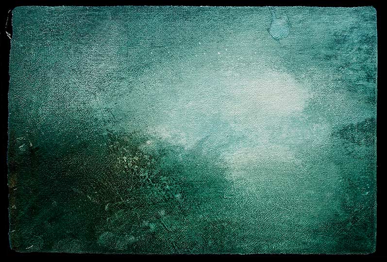 An impressionistic painting of a low sun over water and headlands.