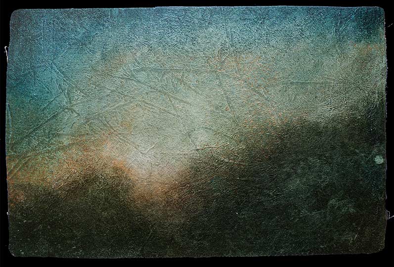 An impressionistic painting of a low sun over water and headlands.