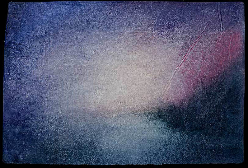 An impressionistic painting of a low sun over water and headlands.