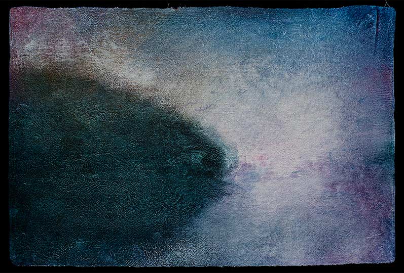 An impressionistic painting of a low sun over water and headlands.
