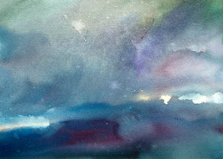 Watercolor of low clouds and mountains.