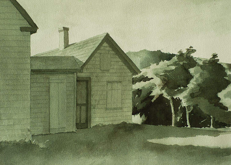 Monochromatic painting of an old house on Cape Cod.