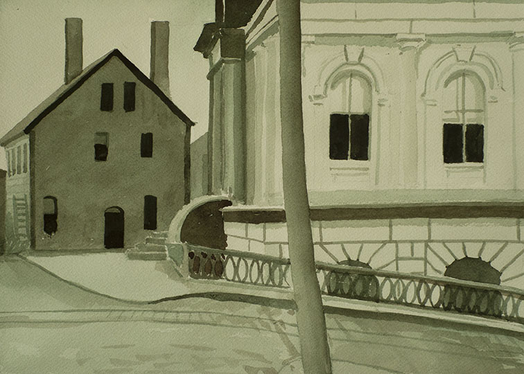 Monochromatic painting of a customs house in Portland.