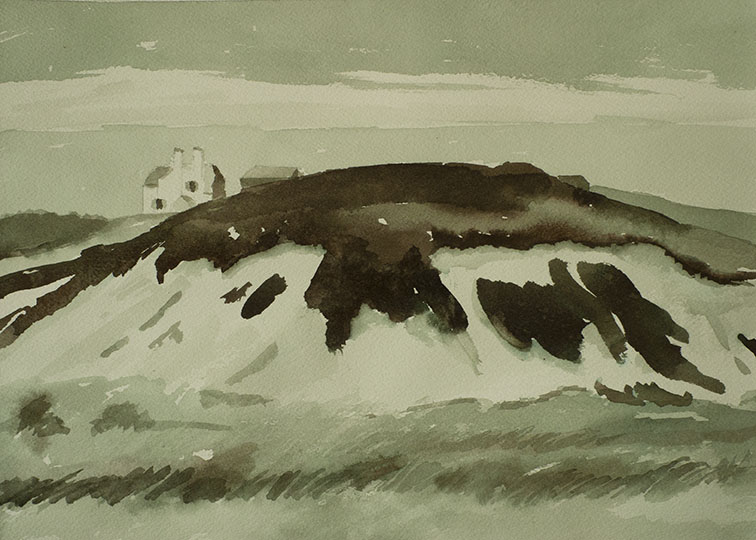 Monochromatic painting of a dune with beach grass and a distant house.