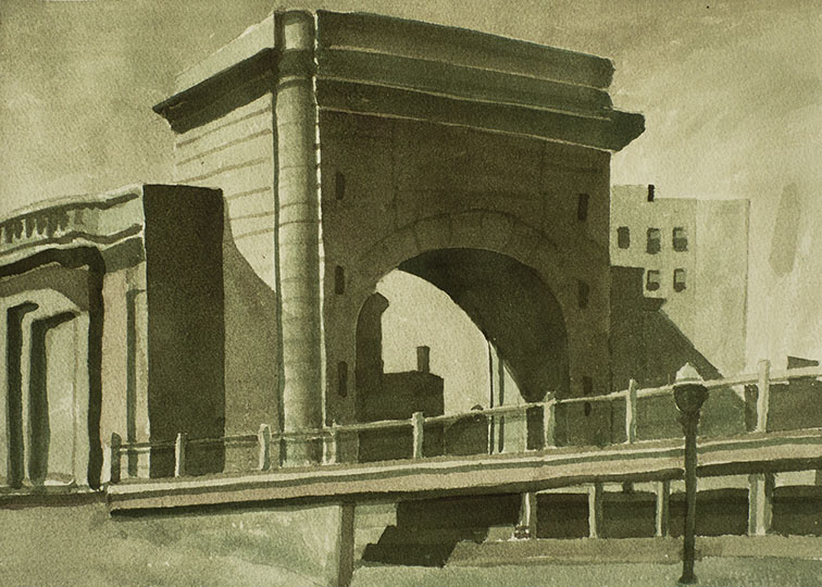 Monochromatic watercolor of a huge archway of the Manhattan Bridge.