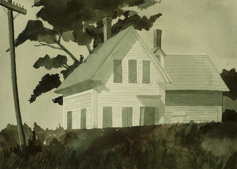Monochromatic watercolor of a boarded up clapboard house on Cape Cod.