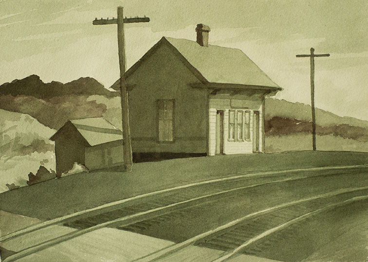 Monochromatic watercolor of a single small train station on Cape Cod.