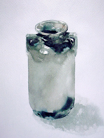 A watercolor painting of a single small flower vase.