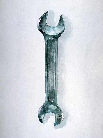 Watercolor painting of an old style wrench.