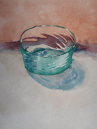 Watercolor painting of an old glass bowl.