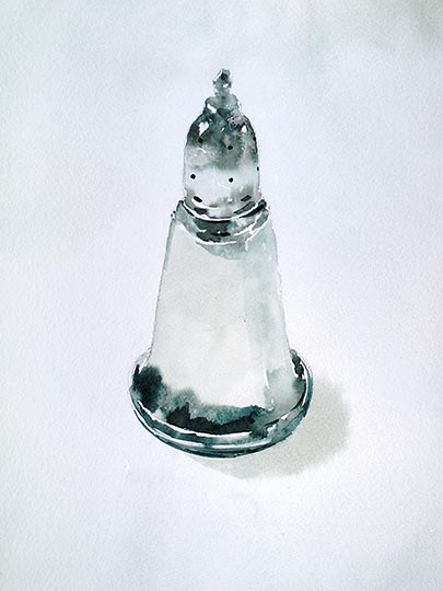 Watercolor painting of a silver salt shaker. 