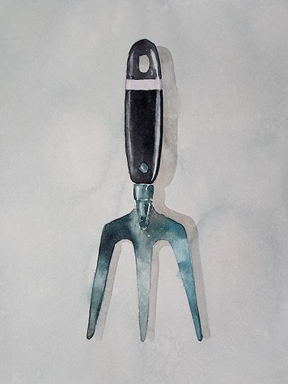 Watercolor painting of a garden fork.