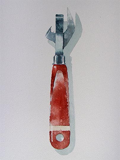 Watercolor painting of an old-style can opener.