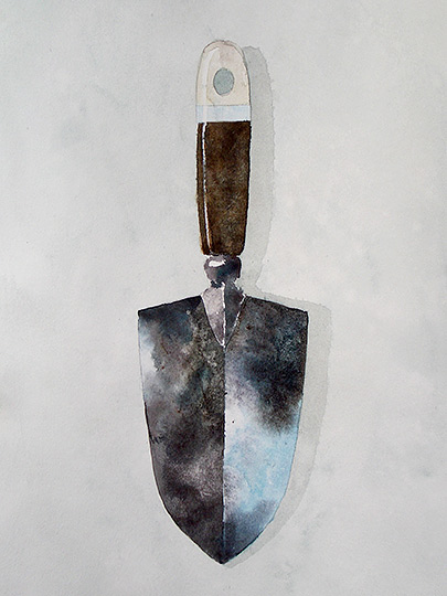 Watercolor painting of a garden trowel.
