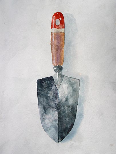 Watercolor painting of a garden trowel.
