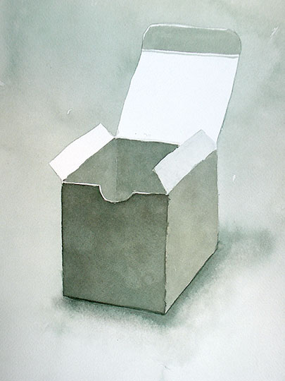 Watercolor painting of a paper box.