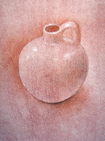 Pink drawing of a small ceramic jug.