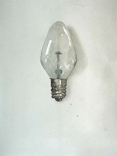 Watercolor painting of an old-fashioned incandescent light bulb.