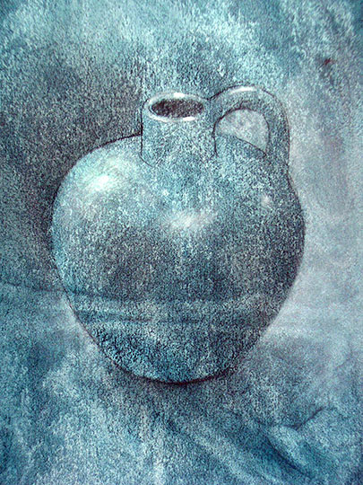 Bluish drawing of a small ceramic jug.