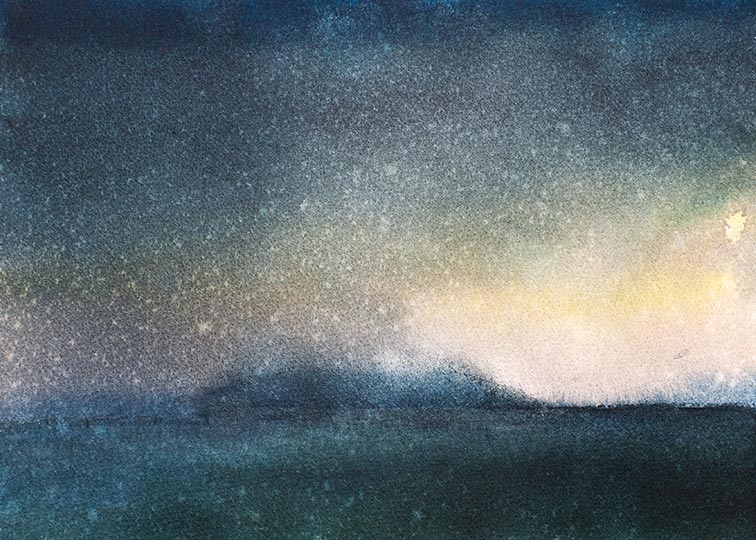 Watercolor painting of early light across and expanse of water.